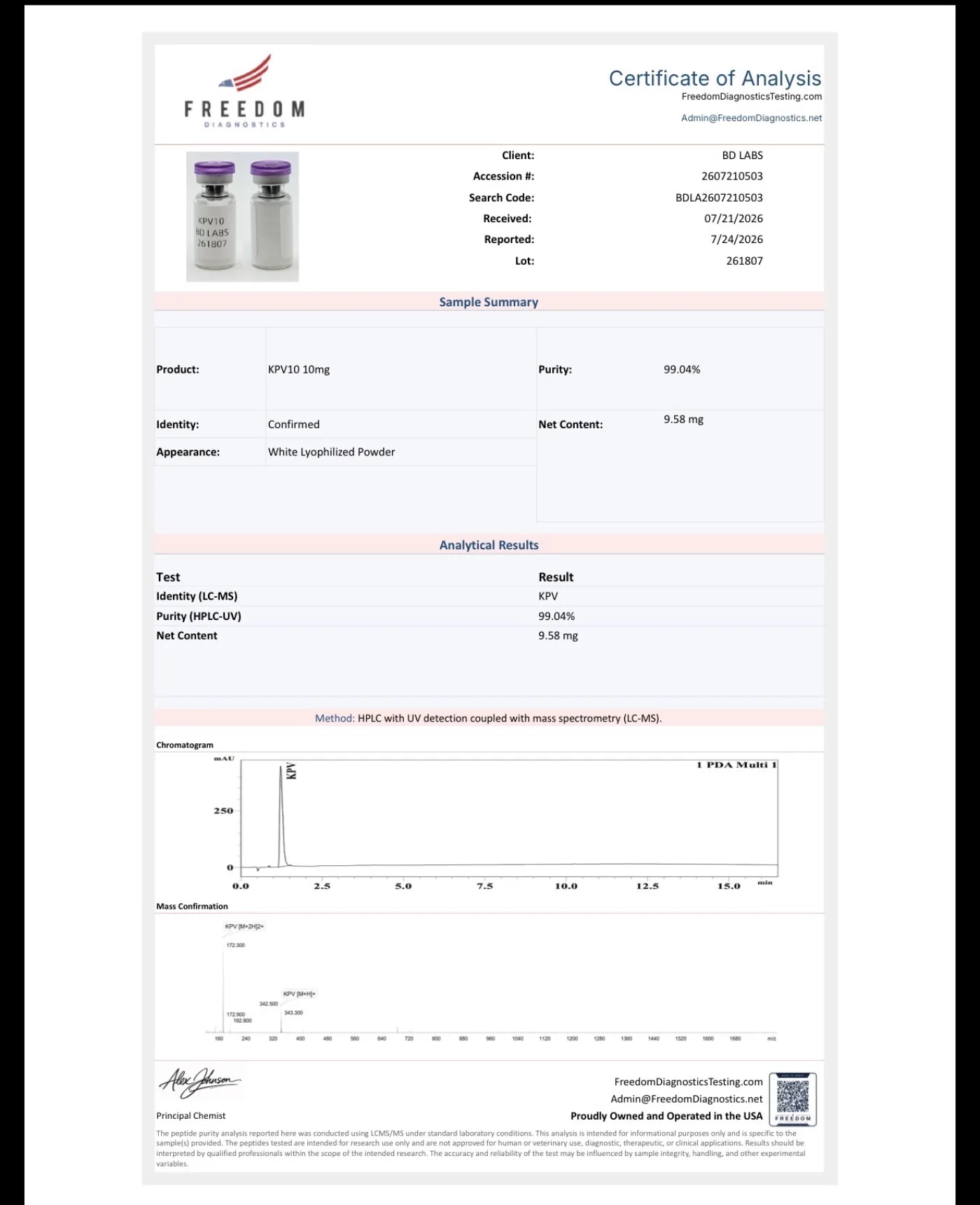 Certificate of Analysis: KPV 10mg