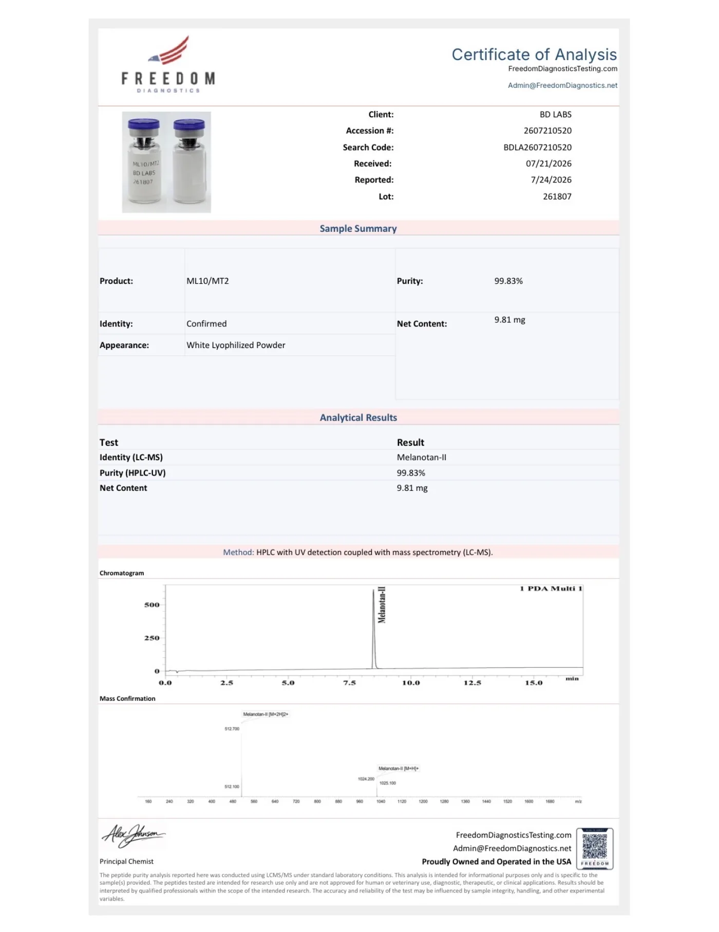 Certificate of Analysis: Melanotan 2 10mg