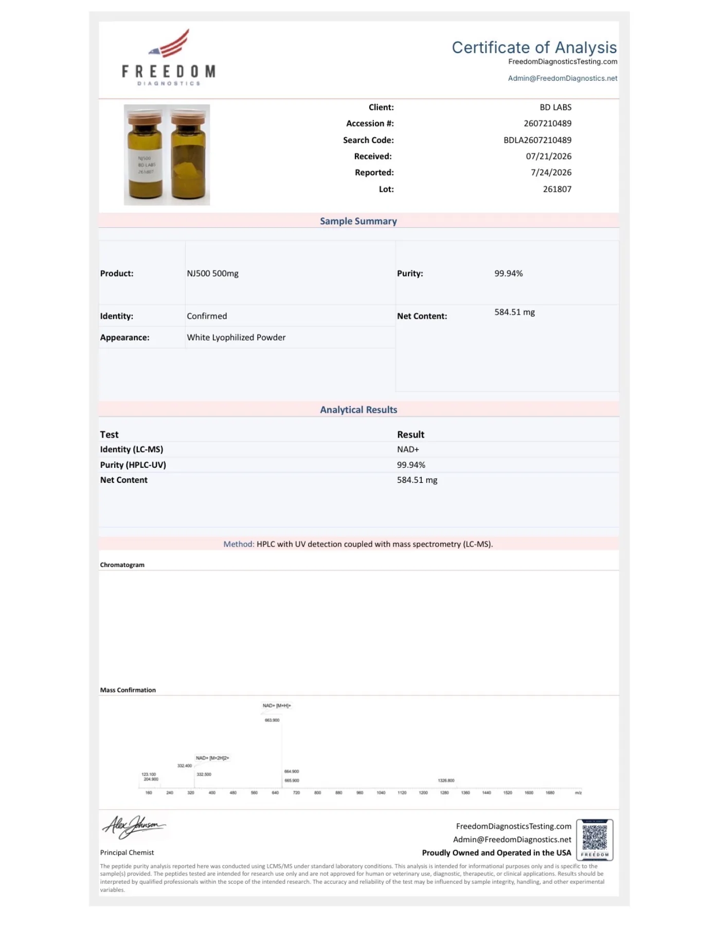 Certificate of Analysis: NAD+ 500mg