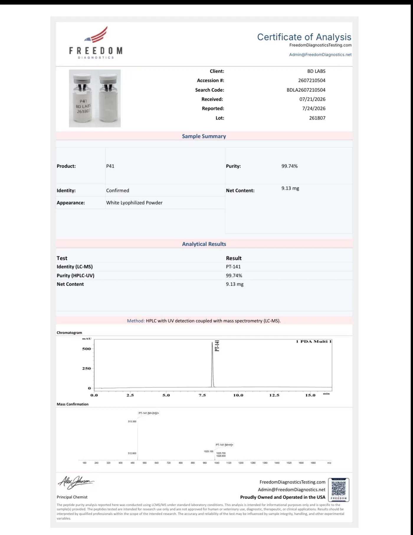 Certificate of Analysis: PT-141 10mg