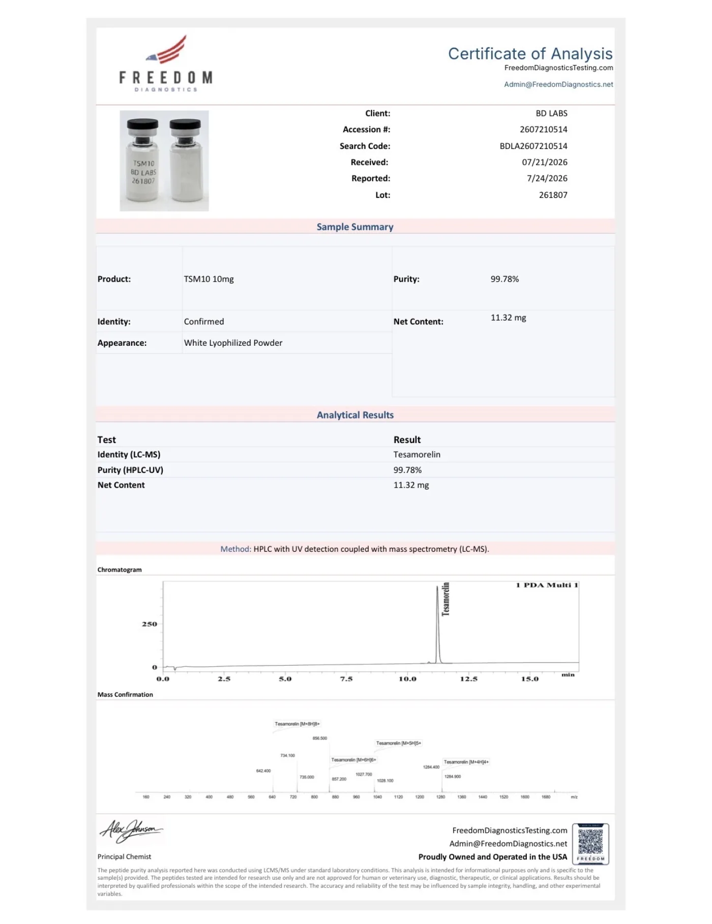 Certificate of Analysis: Tesamorelin 10mg